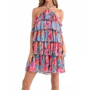 NEW IN THE BEGINNING halter mini dress in pink and blue flora